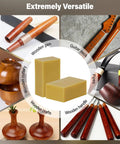Straight Up Pure Carnauba Wax Bar For Wood Finishing plugs directly into rotary buffing wheels, shown with diverse wooden crafts.