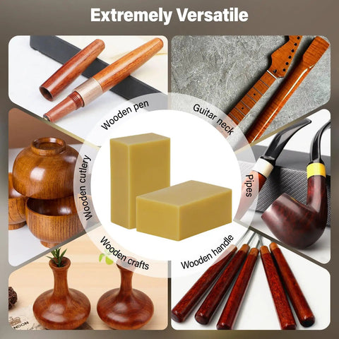 Straight Up Pure Carnauba Wax Bar For Wood Finishing plugs directly into rotary buffing wheels, shown with diverse wooden crafts.