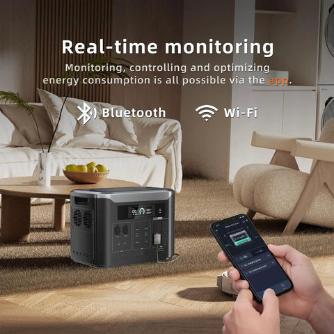 Straight Up Powerhouse Solar Generator With 200W Solar Panel Portable Power Station 3200W AC outlet displayed in a living room with a phone for monitoring.