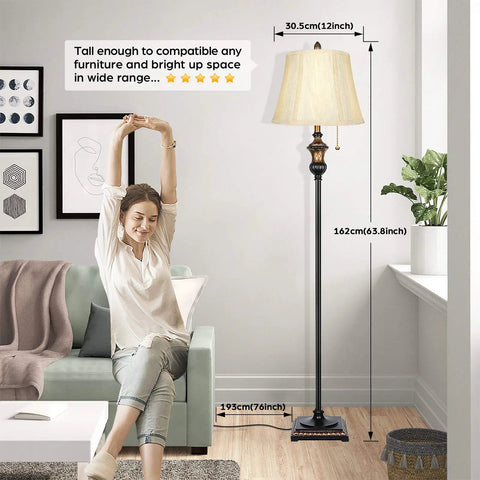 Retro Chic Classic Floor Lamp With Bronze Fabric Shade, Tall Rustic Pole Light for Living Room beside a sofa