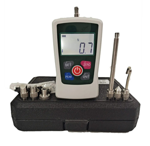 Digital Push And Pull Force Gauge Meter 200N Range 20Kg 45Lb 720Oz Beefy Handheld Dynamometer with accessories on black case.
