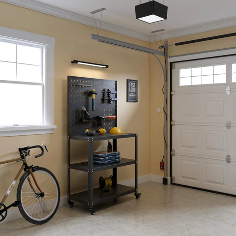 Rolling Metal Workbench On Wheels With Pegboard And 22 Hooks 3 Tier Tool Storage Heavy Duty Steel Tabletop For Garage