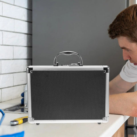 Heavy Duty Aluminum Toolbox With Secure Snap Latch And Rugged Carry Handle For Smart Hardware Organizing And Quick Load Out Outdoor Jobs Or Weekend Garage Grind on a countertop.