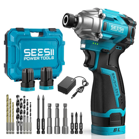 16.8V Cordless Brushless Impact Driver Kit With Quarter Inch Hex Two 2.0Ah Batteries and accessories, including drill bits