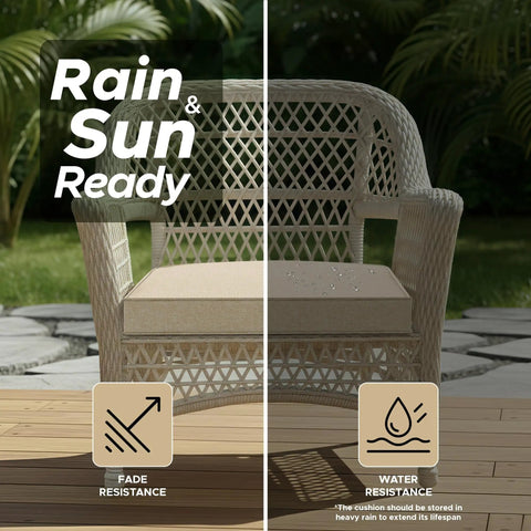 Outdoor Chair Cushions Set Of 4 With Ties, Fade Resistant And Water Resistant, D Shaped Patio Seat Pads, shown on a wicker chair