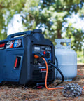 Dual Fuel Portable Inverter Generator with 4300 Starting Watts and 3450 Running on Gas, RV Ready, in outdoor setting