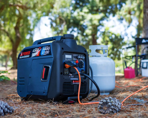 Dual Fuel Portable Inverter Generator with 4300 Starting Watts and 3450 Running on Gas, RV Ready, in outdoor setting