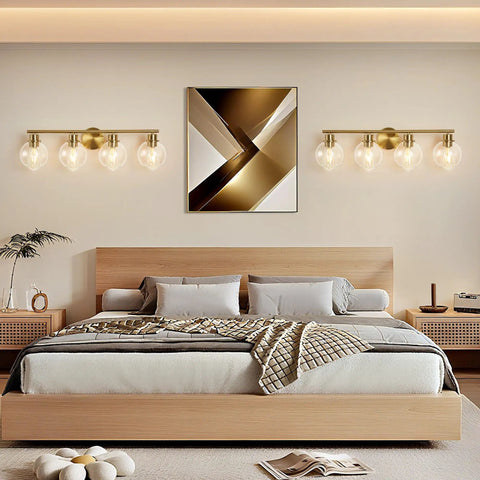 Bedroom with 4-Light Over Mirror Bathroom Vanity Light With Clear Glass Globe Shades, 29.5 Inch Black Wall Sconce For Bath, Dope Modern Brass Metal Fixture.