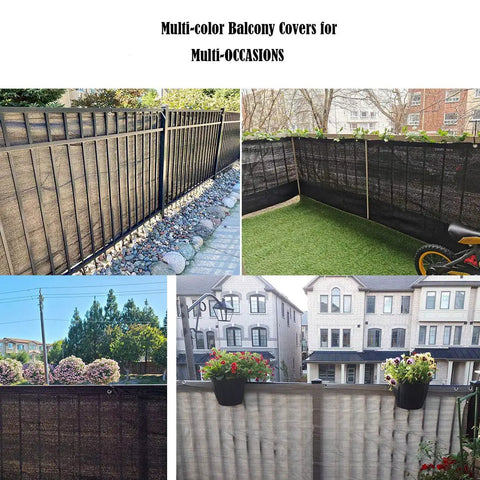 Balcony Privacy Screen Cover 3.5 Feet By 16.5 Feet Black UV Resistant Fence Screen shown in various outdoor settings.