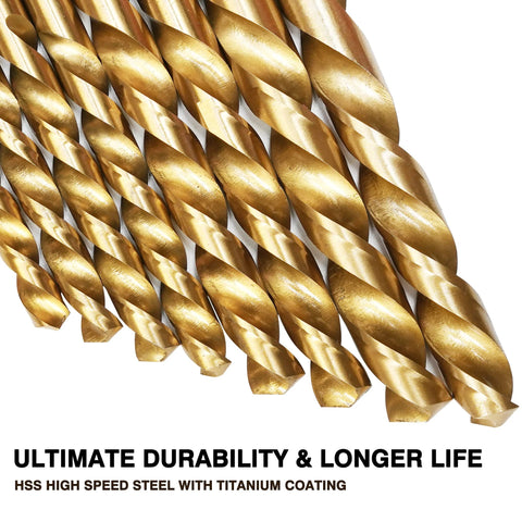 GMTOOLS 99-piece drill bit set: titanium-coated HSS twist drill bits in gold color, sizes 1/16–3/8 in.