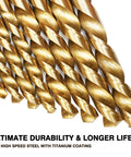 230 Piece Drill Bit Set With 135 Degree Titanium Coated High Speed Steel Twist Bits displayed in close-up view