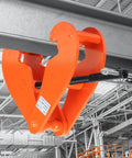 Heavy Duty Vertical I Beam Lifting Clamp With 11,000 Lbs Capacity installed on a beam, showing bright orange durable steel construction.