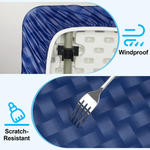 Close-up of blue Waterproof Picnic Table Cover With Elastic Edges For 72 Inch Table showing windproof and scratch-resistant features.