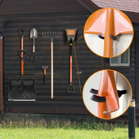 16 Pack U Hooks Value Pack Heavy Duty Wall Hangers For Tools Mops And Brooms holding garden tools on wooden wall
