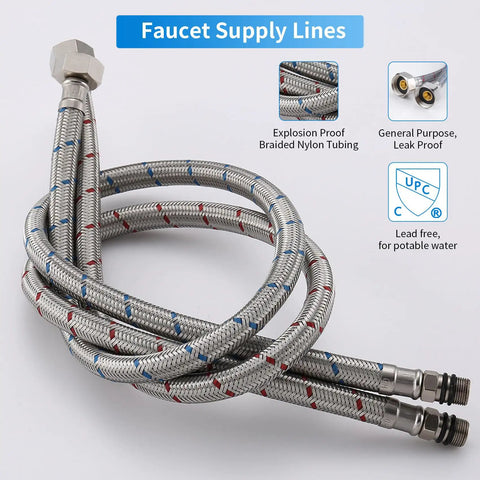 Braided nylon supply hoses included with 3-Hole 8 Inch Widespread Brushed Nickel Bathroom Faucet With Waterfall Spout, 2-Handle Vanity Sink Faucet