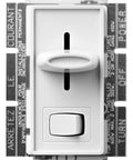 White Single Pole Dimmer Switch Featuring Hella Smooth Slider Action For Effortless Brightness Adjustment Of Up To 600W Incandescent And Halogen Bulbs, front view with slider.