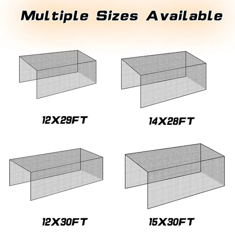 Illustration of four baseball and softball batting net sizes available for backyard batting cage practice.