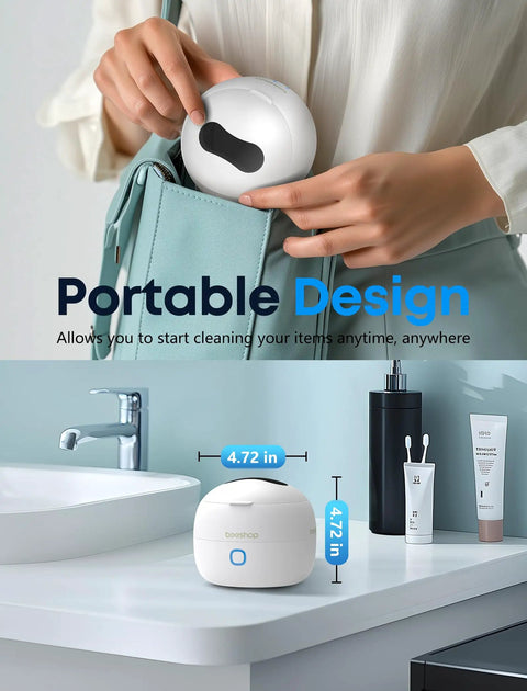 Heavy Duty 45Khz Ultrasonic Cleaning Pod For Jewelry Eyeglasses And Watches on countertop with measurements displayed.