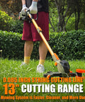 Person using 13 Inch Cordless All In One Weed Wacker Trimmer Edger Mower Brush Cutter With Steel Gears on grass