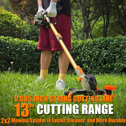 Person using 13 Inch Cordless All In One Weed Wacker Trimmer Edger Mower Brush Cutter With Steel Gears on grass