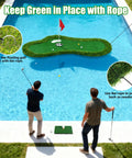 Two men playing with poolside floating golf green for pool and lake play with ball retriever and anti drift ropes, realistic turf.