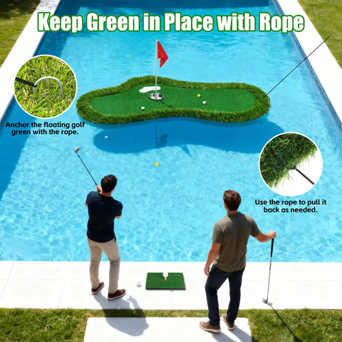 Two men playing with poolside floating golf green for pool and lake play with ball retriever and anti drift ropes, realistic turf.