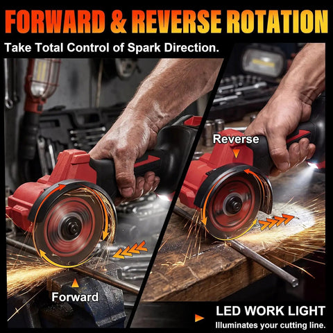 Badass 3 Inch Mini Circular Saw Featuring A Powerful 21V Brushless Motor And Cordless Cut Off Capability for forward and reverse rotation cutting.