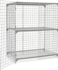 Rock Solid Wire Mesh Security Locker Featuring Two Roomy Doors And A Freely Adjustable Center Shelf Built Tough For Garages Warehouses Or Workshops In Clean Gray, showing open design and adjustable shelves.