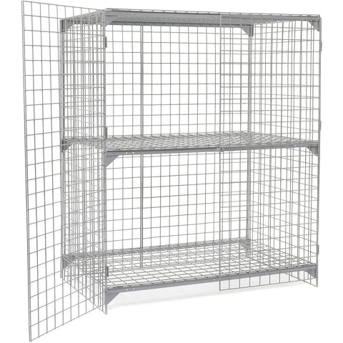 Rock Solid Wire Mesh Security Locker Featuring Two Roomy Doors And A Freely Adjustable Center Shelf Built Tough For Garages Warehouses Or Workshops In Clean Gray, showing open design and adjustable shelves.