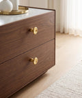 Top Shelf Unlacquered Brass Cabinet Knobs Straight Up Modern Round Dish Hardware Featuring Live Patina Finish 1.18 Inch Face Width For A Cool Kitchen Revamp Two Pack Bundle on wooden dresser.
