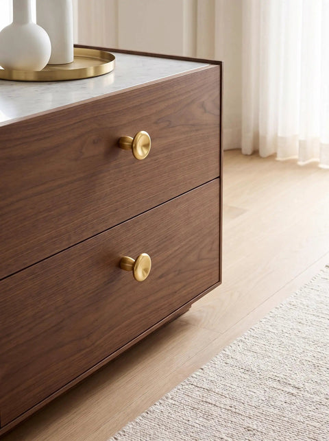 Top Shelf Unlacquered Brass Cabinet Knobs Straight Up Modern Round Dish Hardware Featuring Live Patina Finish 1.18 Inch Face Width For A Cool Kitchen Revamp Two Pack Bundle on wooden dresser.