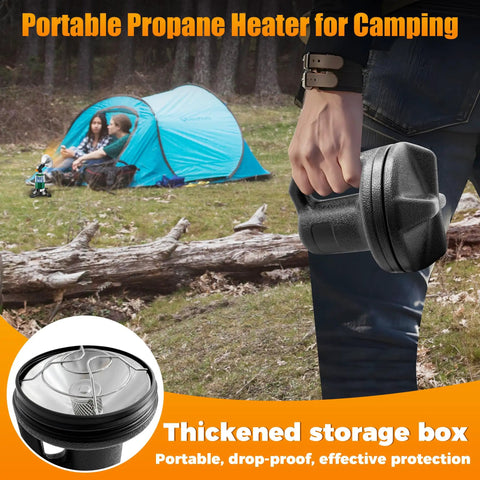 Person holding 8500 BTU Portable Propane Heater for Camping and Outdoors with reinforced base, storage box in background