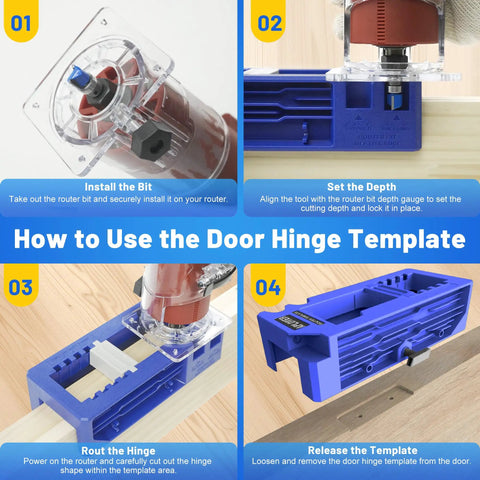 Adjustable Door Hinge Jig And Router Template For 3 To 5 Inch Hinges, step-by-step process using the router bit and jig.