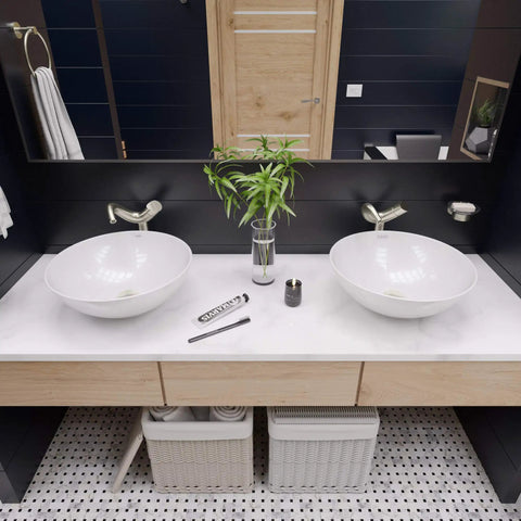 Round Ceramic Above Mount Bathroom Sink With No Overflow Center Drain BA351 Premium Porcelain Basin in modern bathroom setting