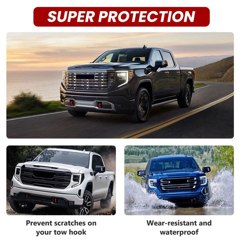 GMC Sierra 1500 Tow Hook Covers for Vertical Tow Hooks 2019 to 2026 front hitch cover upgrade with red aluminum design shown on vehicles