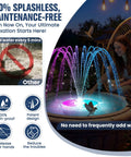 Powerful Solar Bird Bath Fountain Pump With 4000mAh Battery, Three Spray Modes and Lights, floating in garden bird bath at night.