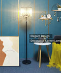 Crystal Floor Lamp With Modern Elegance In Classic Black for living room, tall pole with sparkling accents in cozy corner.