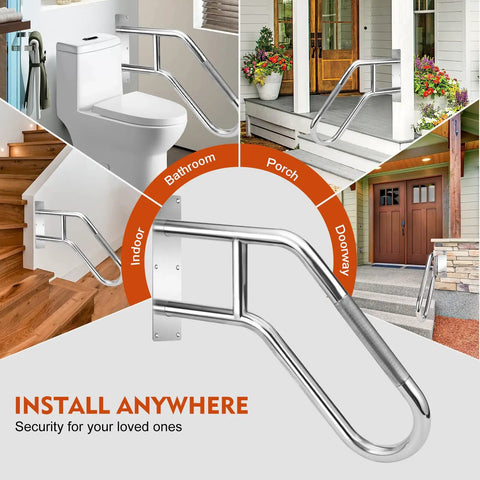 Top Shelf 304 Stainless Steel Handrails For Outdoor Steps Wall Mount Hella Tough Porch Railing, shown in indoor and outdoor settings.