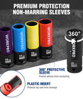 Non-Marring 1/2-Inch Drive Lug Nut Socket Set, 5-Piece With 15mm, 17mm, 19mm, 21mm, And 22mm, colorful thin-wall wheel sockets.