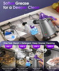 Upgrade Your Cleaning Game With This Handheld Steam Cleaner For Home in action, softening grease on kitchen stovetop.