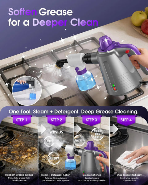 Upgrade Your Cleaning Game With This Handheld Steam Cleaner For Home in action, softening grease on kitchen stovetop.