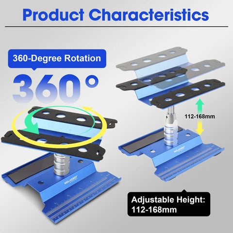 Aluminum RC Car Stand With 360 Degree Rotation Lift And Lower Screw Tray for 1 Eighth to 1 Sixteenth Scale Models in blue