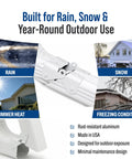 Flip Up Downspout Gutter Hinge For No Sweat Lawn Care And Smooth Yard Clearance White Durable Rain Water Drainage Extension Clip close-up of rust-resistant aluminum hinge in outdoor setting.