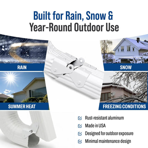 Flip Up Downspout Gutter Hinge For No Sweat Lawn Care And Smooth Yard Clearance White Durable Rain Water Drainage Extension Clip close-up of rust-resistant aluminum hinge in outdoor setting.