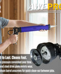 Dual Format Sausage To Cartridge Caulking Gun With 12 To 1 Thrust Aluminum Barrel shown in action with close-up of barrel.
