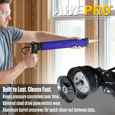 Dual Format Sausage To Cartridge Caulking Gun With 12 To 1 Thrust Aluminum Barrel shown in action with close-up of barrel.