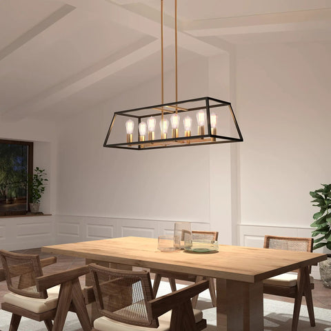 Mid Century Modern Geometric Chandelier With Black And Gold Accents In Age Brass Finish above dining table