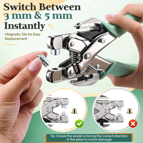 All In One Grommet Eyelet Pliers Kit For 3mm And 5mm Eyelets Includes 160 Metal Grommets And Case Heavy Duty Rivet Press Setter Tool close-up