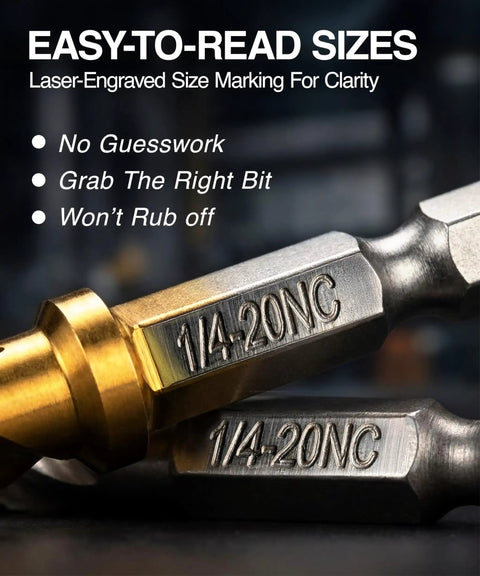 All-In-One Drill Tap Bit Set 6-Piece HSS Titanium-Coated SAE 3-In-1 Bits with laser-engraved size markings 1/4-20 NC