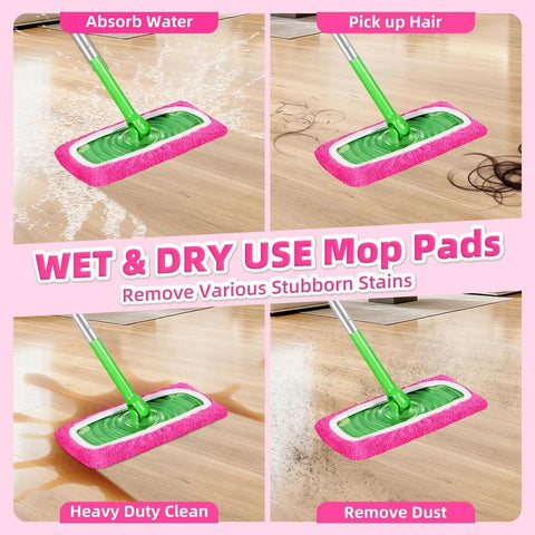Rose Pink Microfiber Mop Pad Refills Four Pack Reusable Washable for Easy Wet and Dry Floor Cleaning Fits Most Standard Mops